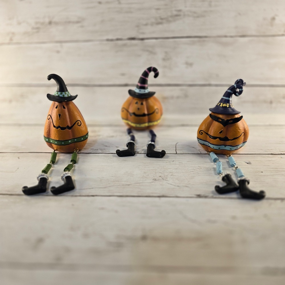 Halloween Pumpkin Witch Shelf Sitter Set of 3 Jack-O-Lantern Beaded Leg Decor